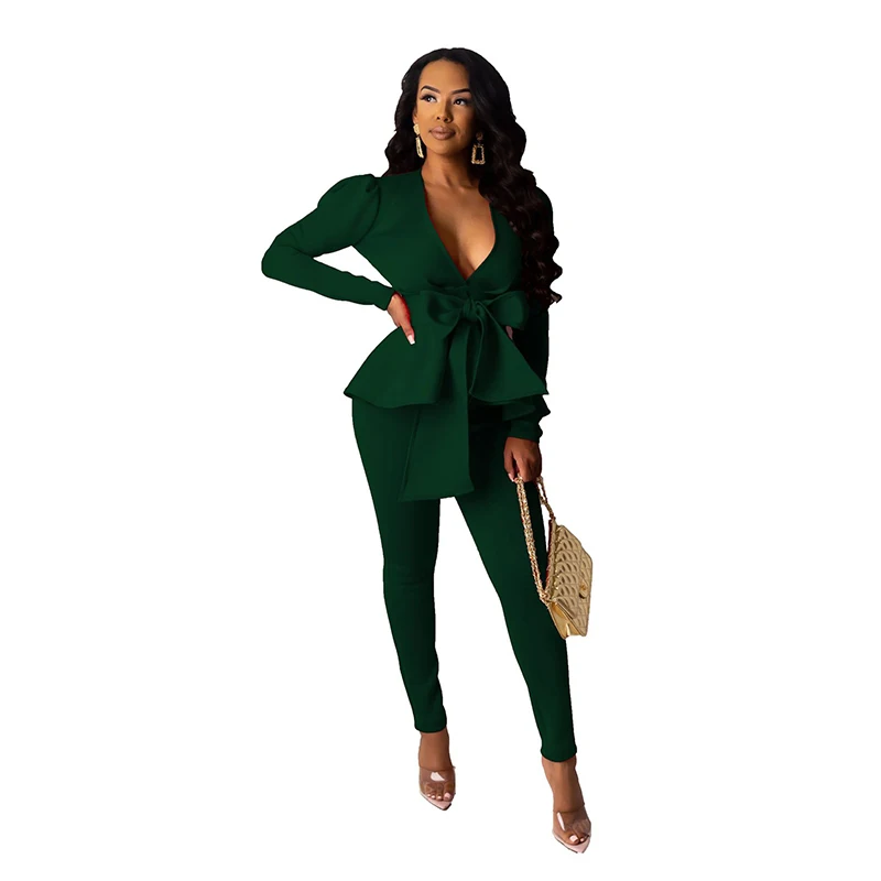 Women Winter Women\'s Set Tracksuit Ruffles Bow Blazers Pants Suit 2 Two Piece Set Office Lady Business Uniform Outfits