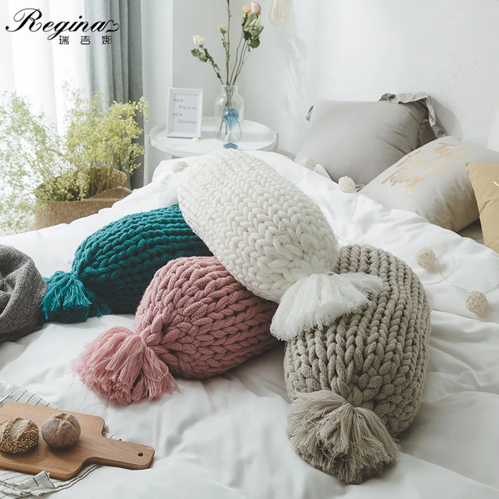 

REGINA Cute Candy Shape Chunky Knit Pillow Kawaii Tassel Design Fluffy Decorative Throw Pillow For Sofa Bed Lovely Floor Cushion