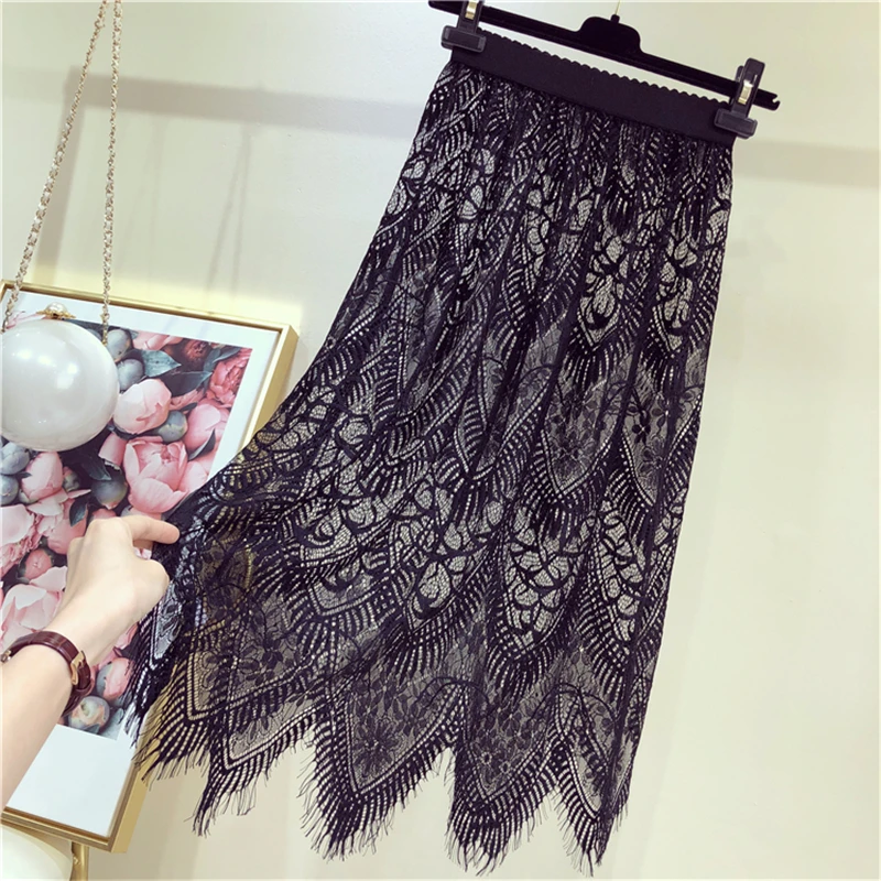 

Autumn Winter Women Lace Midi Skirt Casual High Waist Elastic Hollow Out A-Line Transparent bottom petticoat Skirt 127