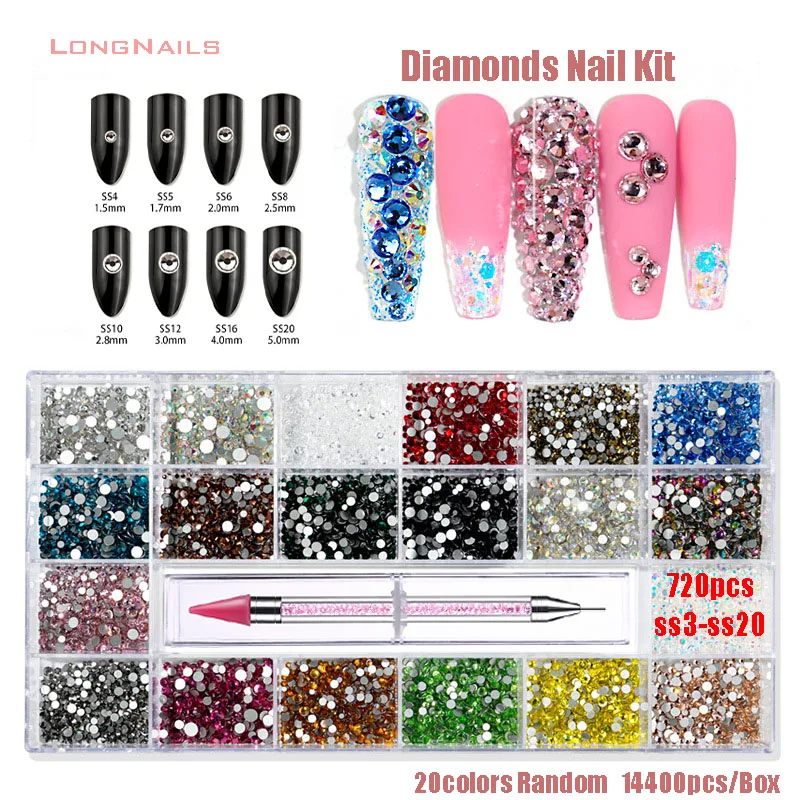 

14400pc(720*20) Diamonds Nail Kit Rhinestones Hotfix Box Set 20 Random Colors Mixed Flatback Gemdiamonds Nail Kit Stone ss3-ss20