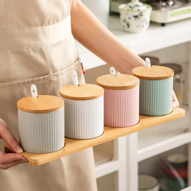 Nordic 3Pcs Jar With Bamboo Holder Ceramic Spice Rack Salt Pepper Seasoning Jar Kitchen Storage Bottle Set Combination