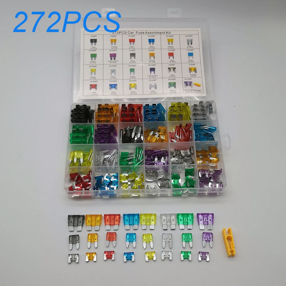 272PCS Car Fuses 2A 3A 5A 10A 15A 20A 25A 30A 35A Amp with Box Clip Assortment Auto Blade Type Fuse Set Truck