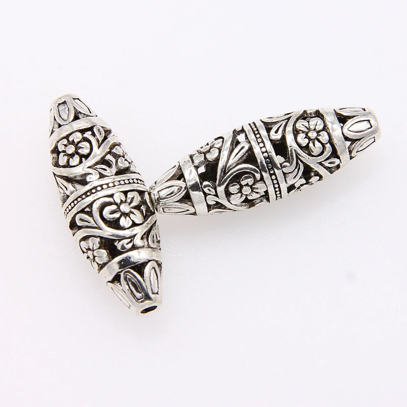 2pcs  Beads Zinc metal alloy Spacer Beads Oval silver color Flower Hollow Pattern About 37*13mm,Hole:Approx 1.9mm,