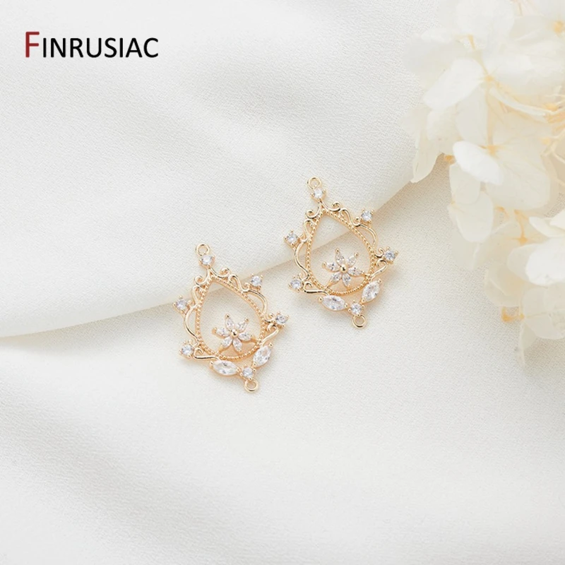 14k Gold Plating Metal Pave Setting Zircon Flower Connectors Charms For Earrings Making, Jewellery Making Luxury Components