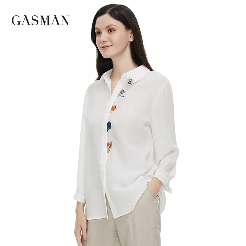 

GASMAN New Summer women's t-shirt 2022 Pure white Buttoned 3/4 sleeve t-shirts animal print lapel fashion Blouses 5270