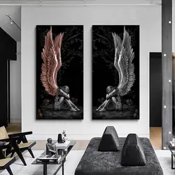 Wang art Angels Demons Wing Girl Canvas Painting Wall Art Poster Prints Picture Cuadros For Living Room Bedroom Home Decor