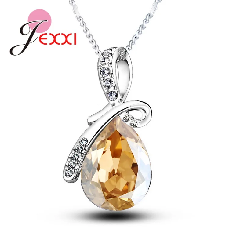 925 Sterling Silver Cubic Zirconia Waterdrop Pendant Necklaces Multiple Color Crystal Wedding Engagement Bridal Gift Jewelry