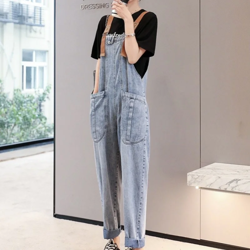 Style Boyfriend Women Loose Fit Long Jeans Overalls Strap Pocket Casual Streetwear Female Denim Bib Pants Female Cargo Jumpsuit