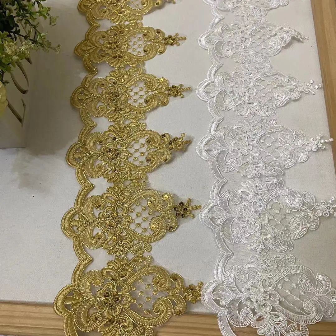 1Yard 15cm wide Exquisite Gold Ivory Cording Lace Embroidery Lace Dress Home Textile Sequin Triming Dance Clothes DIY Materail