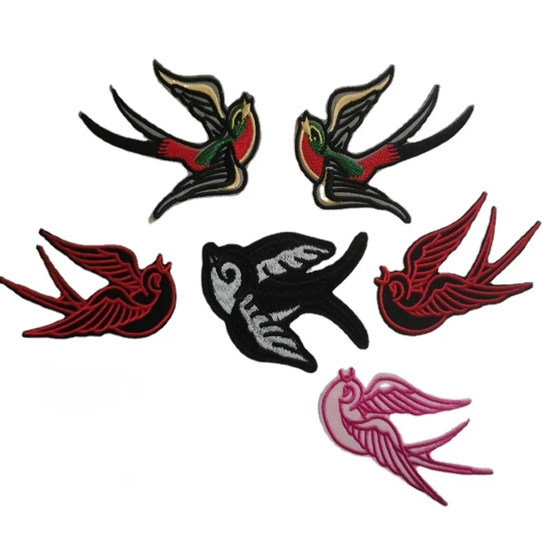 

1 Pair Colorful Swallow Patch Bird Tattoo Sparrow Embroidered Iron On Applique Cloth Dress Scrapbooking Printed Stripe Decal