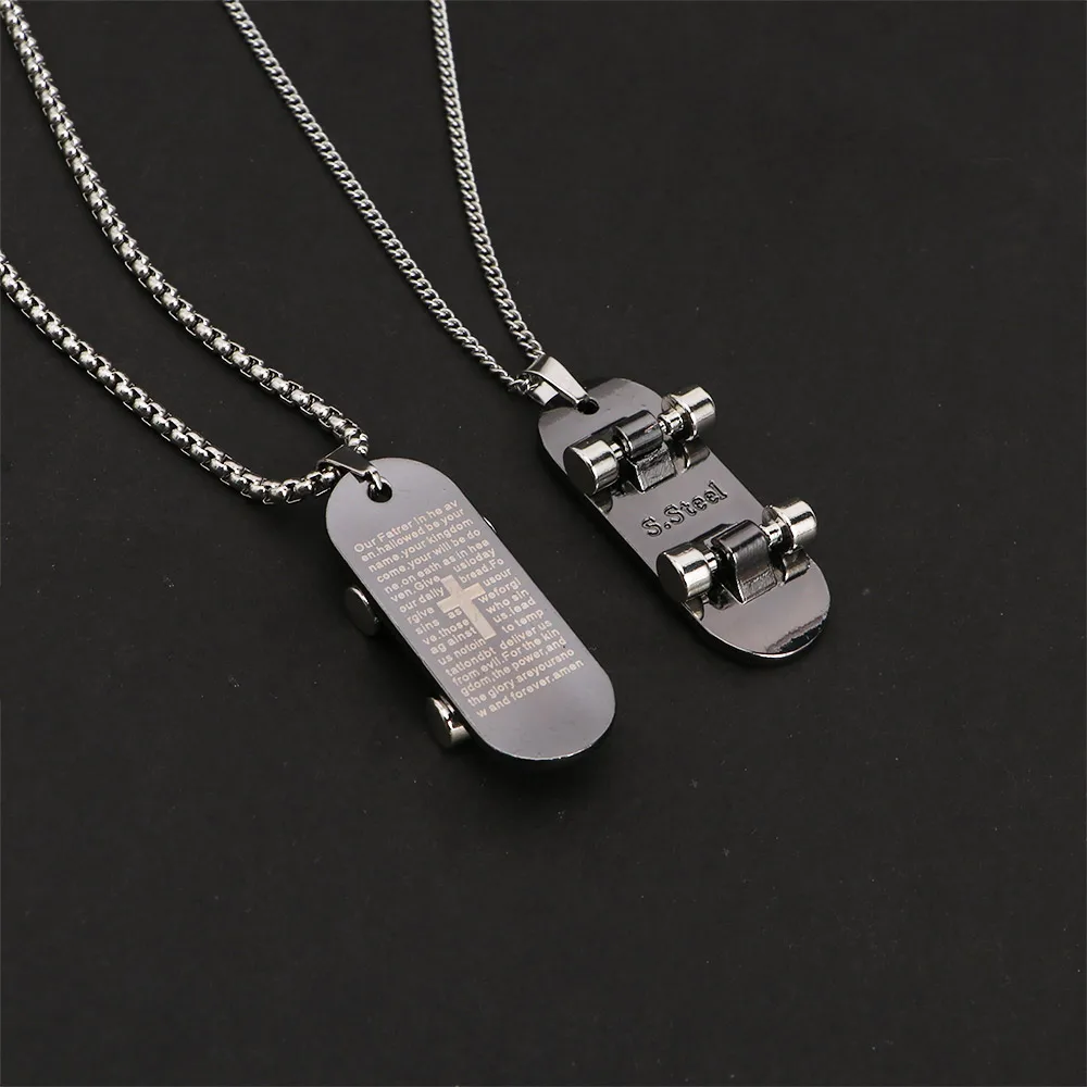 Skateboard Shoelace Wheel Necklace Cross Pendant Men Jewelry Personality Stainless Steel Necklace