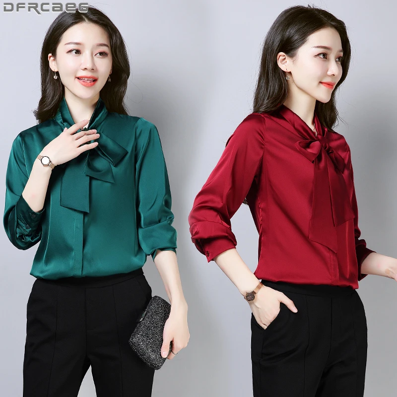 Elegant Office Lady Blouses Women 2022 Fashion Korean Lace Up Bow Satin Shirt Solid Long Sleeve Tops Femme Blue Red Black Pink