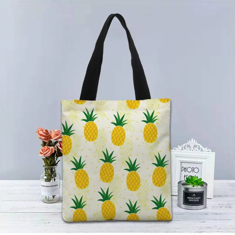 Bolso de mano de piña personalizado, bolso de tela de lona, bolsas de compras impresas de dos lados, bolso de hombro útil informal de viaje 1208