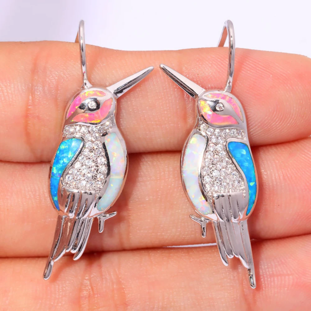 CiNily Created White Blue Pink Fire Opal Cubic Zirconia Silver Plated Wholesale Bird Women Jewelry Dangle Earrings 1 1/2\