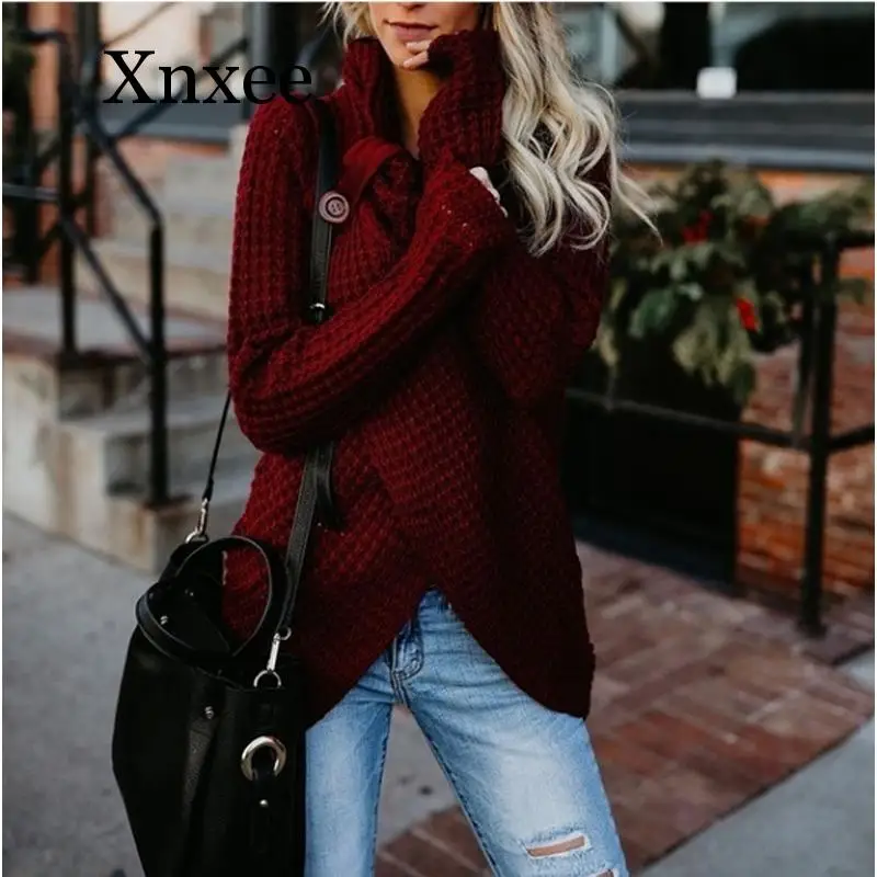 2020 winter clothes women hot  pull femme long-sleeved irregular fashion cardigan women turtleneck  button sweater female top