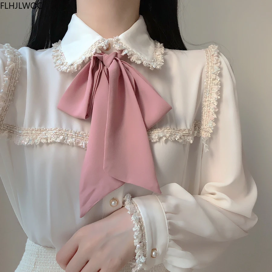 2020 Musim Gugur Wanita Cute Bow Tie Atasan Gaya Preppy Vintage Jepang Korea Desain Tombol Elegan Formal Kemeja Blus