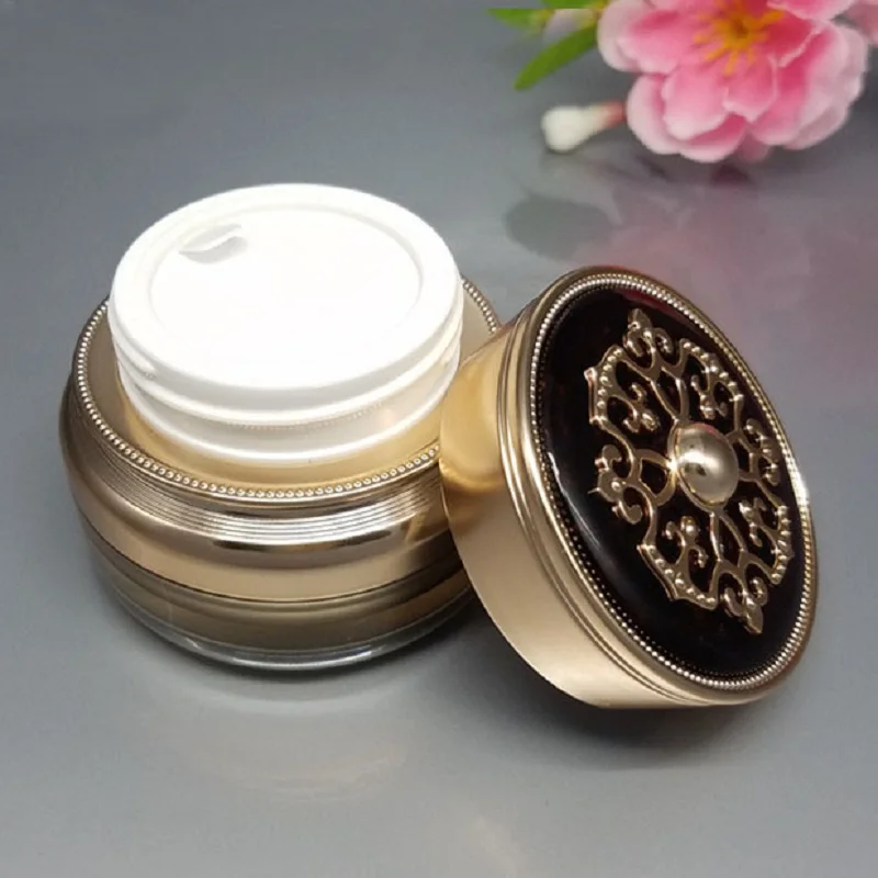 Frasco de creme de plástico acrílico dourado/branco pêra 30g/ml/pote para creme para os olhos/essência/creme noturno/hidratante/gel/embalagem de cuidados com a pele