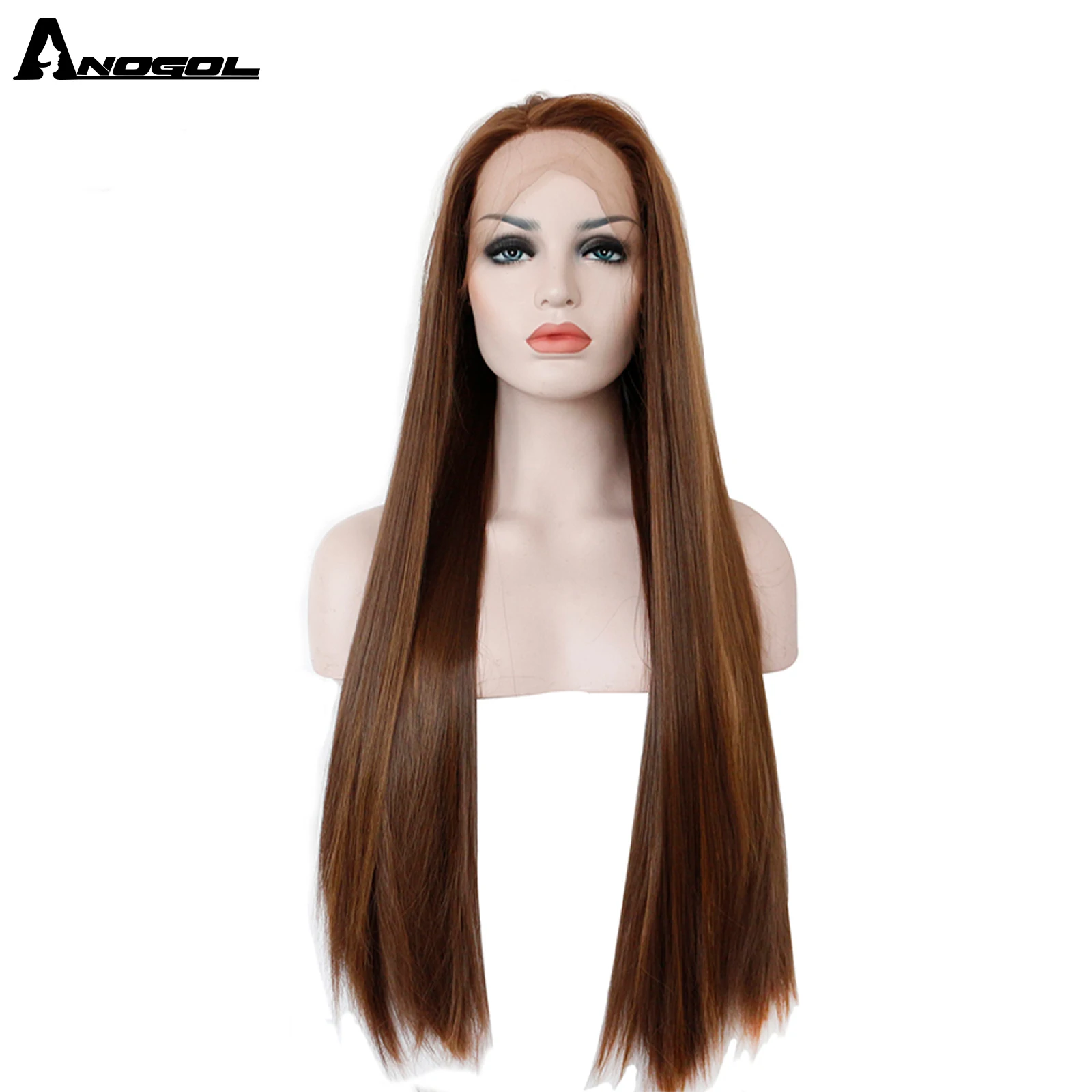 Anogol Dark Brown Lace Front Wig Natural Long Straight Glueless Synthetic High Temperature Heat Resistant Fiber Hair Women Wigs