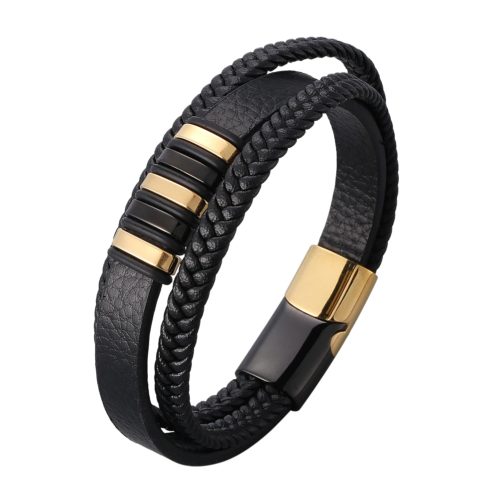 

Punk Stainless Steel Charm Magnetic Black Men Bracelet Leather Genuine Braided Punk Rock Bangles Jewelry Accessories BB1027