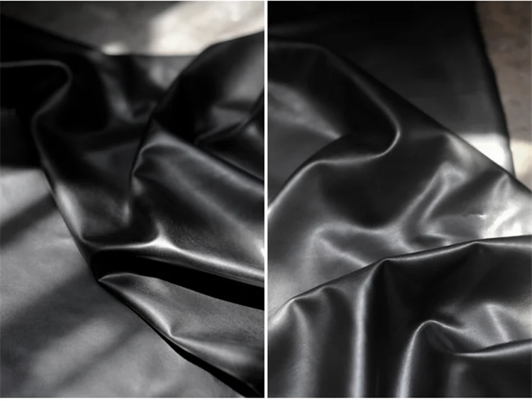 Dark Black Matte High Stretch Knitted Imitation Leather Fabric-matte Lambskin Style Four-sided Stretch PU Fabric