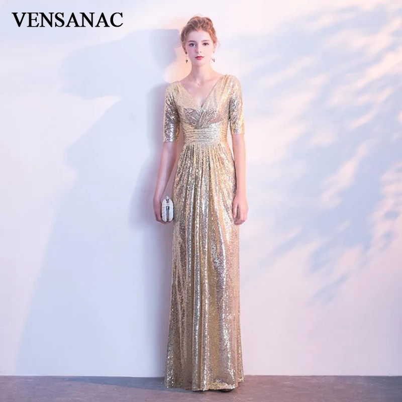 

VENSANAC Sexy Deep V Neck Sequined A Line Long Evening Dresses Half Sleeve Backless Party Prom Gowns