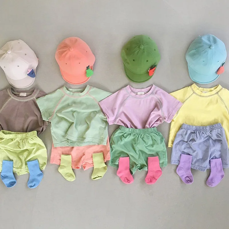 2024 Zomer Nieuwe Pasgeboren Baby Kleding Met Korte Mouwen Set Baby Jongen Meisje Zacht Katoenen T-Shirt + Korte Broek 2 Stuks Stevige Kleding Set