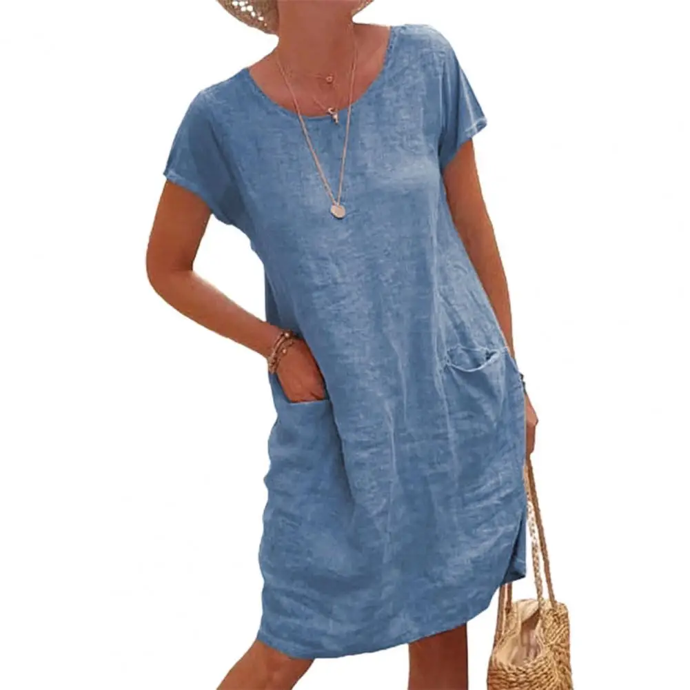 Loose Women Dress Vintage Solid Color Summer Dress Short Sleeve Round Neck Knee Length Dresses