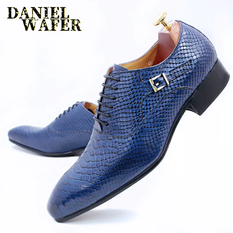 Modische Herren-Lederschuhe mit Schlangenhaut-Aufdruck, klassische Schnürung, Oxford, formell in Wein, Blau, Kaffee, Schwarz – spitze Zehenpartie – Detail 22