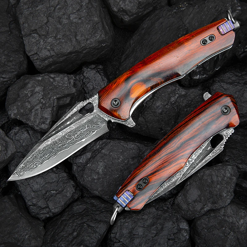 Multi-functional Folding Pocket Knife with EDC Clip Damascus Blade Rosewood Handle, Emergency Hammer, DIY Self-assembling Tool