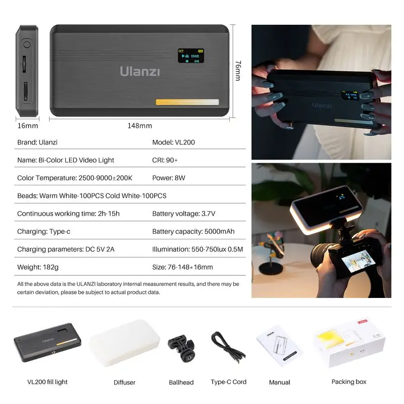 Ulanzi VL200 LED Video Light com Difusor Suave, Lâmpada de Painel de Preenchimento, Câmera para YouTube, Bola 360 °, 5000mAh, 2500-9000k