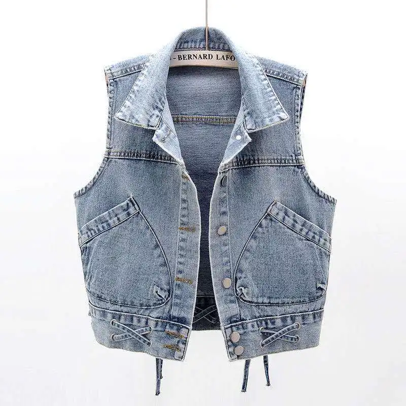 

Idopy Women Denim Vest Sleeveless Jacket Korean Lace Casual Slim Fit Jean Gilet Waistcoat For Female Plus Size M-5XL