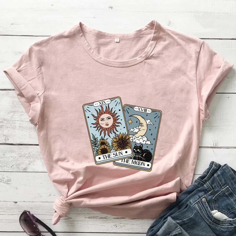 the sun the moon tarot card Colored T-shirt retro women short sleeve graphic witch nature tee shirt top