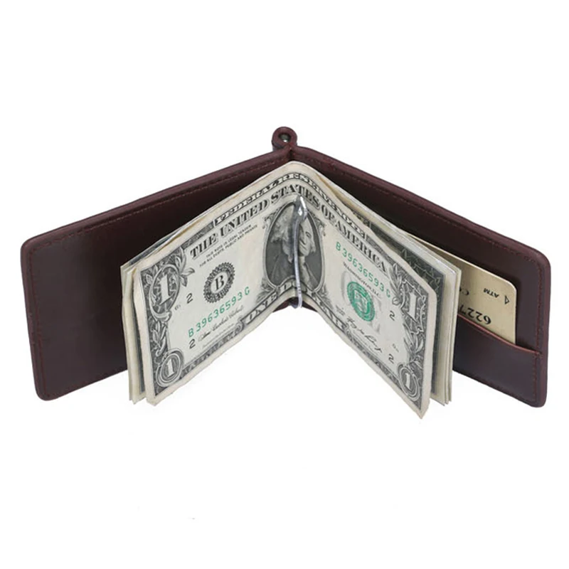 New Mini Men\'s Leather Money Clip Wallet With Coin Pocket Thin Purse For Man Magnet Hasp Small Zipper Money Bag