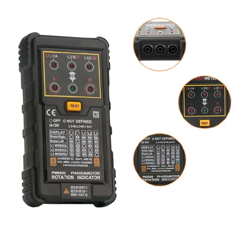 Motor Rotation Tester PM5900 Portable Handheld Three Phase Motor Rotation Indicator Tester Non-contact 3 Phase Rotation