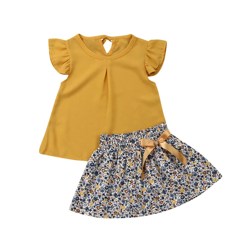 Summer Clothing Toddler Kid Baby Girl Clothes Set Yellow Chiffon Ruffle Tops+Floral Print Skirt Clothes 2pcs Outfits 1-5Y