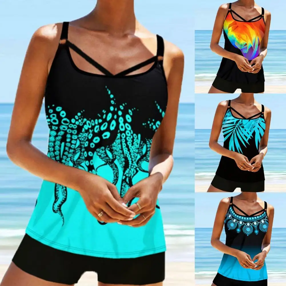 2021 Women Leaf Print Floral Swimwear Loose Hem Padded Top Tummy Control Boyshorts Swimsuit Bathing Suit Swimwear for Swimming