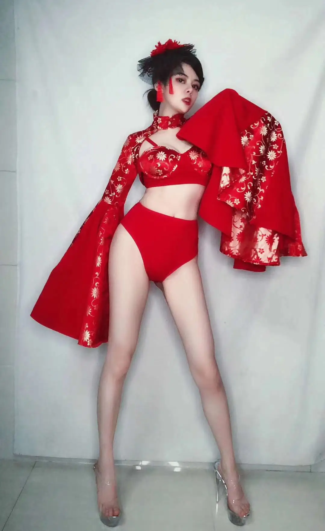 Zestaw bikini z krótkim rękawem w stylu vintage z nadrukiem pagody, kostium do tańca w stylu chińskim, strój sceniczny dla piosenkarki, tancerki, na imprezę w klubie nocnym lub barze.