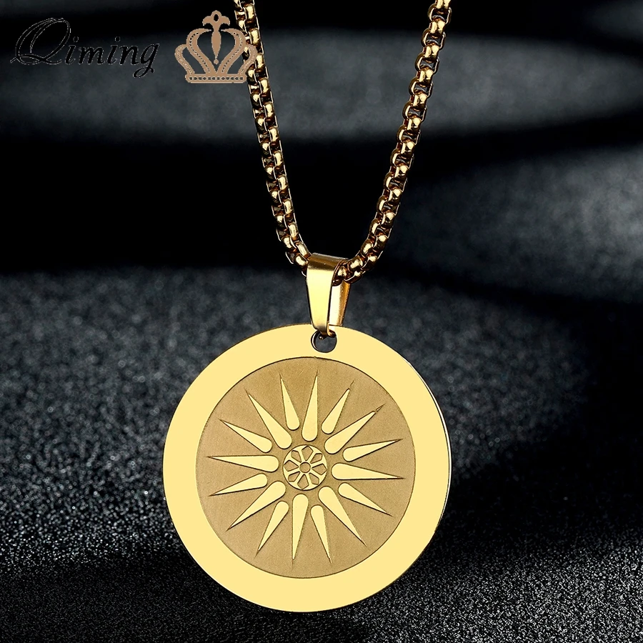 Stainless Steel Engraved Star Pendant Necklace For Women Solar Sun Charm Fashion Jewelry Round Charm Retro Necklace Collar