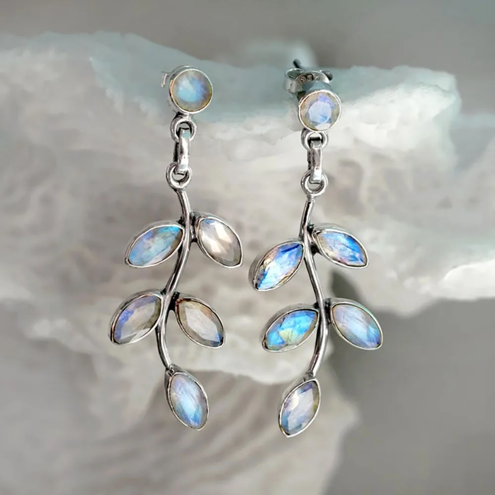 Classic Flower Leaf Stud Earrings with Opal Natural Stone Long Earrings for Women Jewelry Hanging Earring