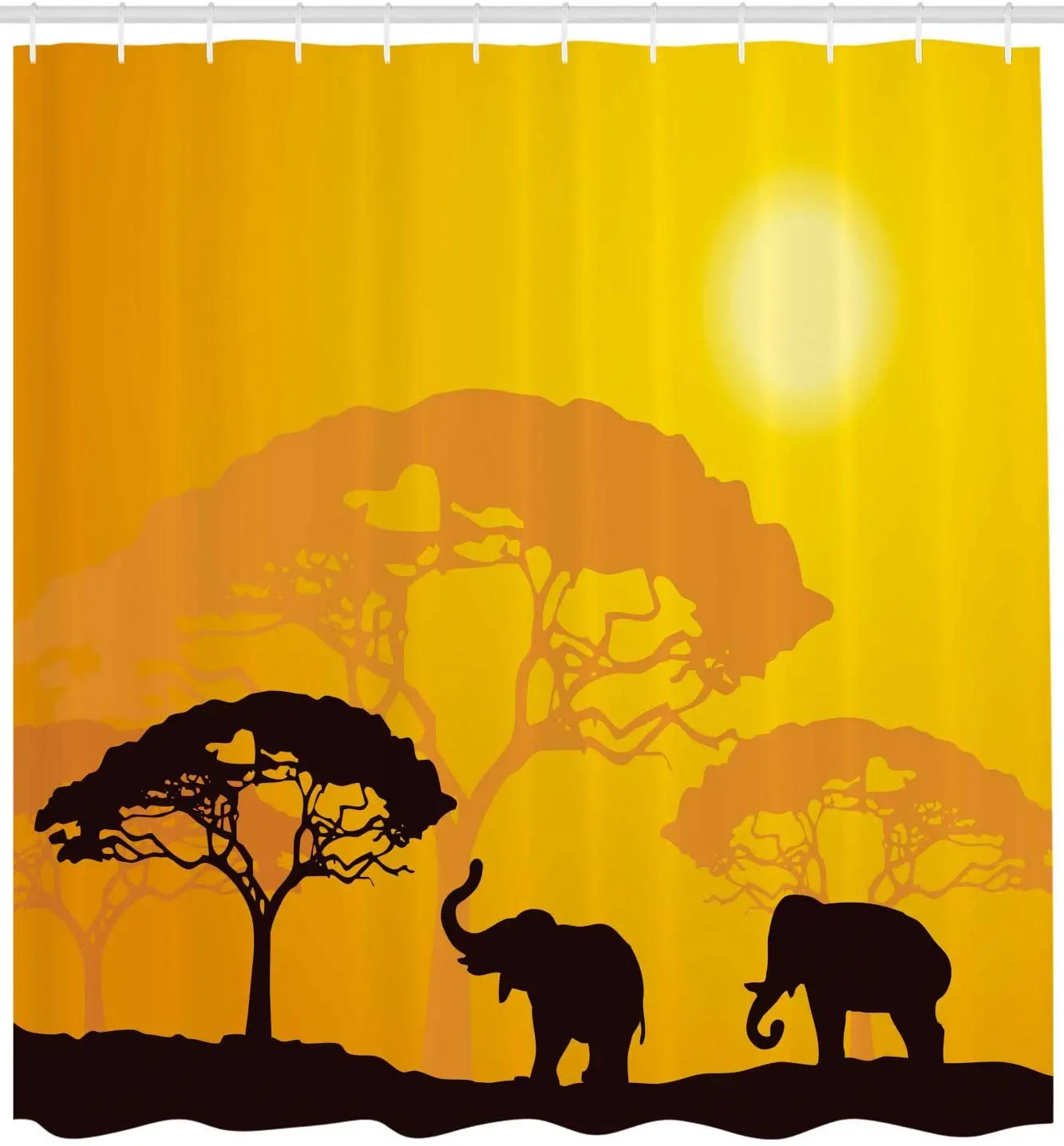 Safari Shower Curtain Wildlife Animals Elephants Sun Beams Trees Print Art Bathroom Decor Set with Hooks 70