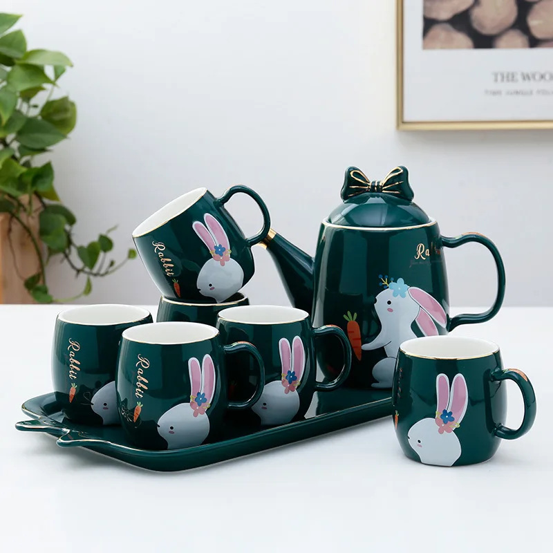 

Ceramic Coffee Tea Set Korean Cartoon Rabbit Coffee Pot Cup Tray Gift Box Set Home Afternoon Tea Set Water Set Jug Multicolor