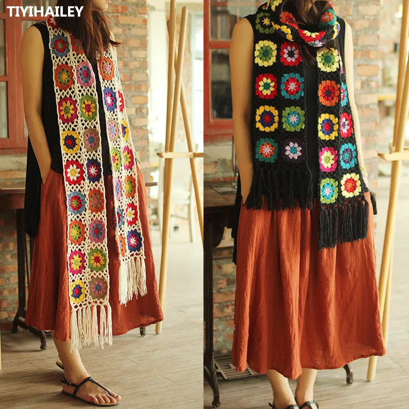 

TIYIHAILEY Free Shipping Fashion Long All-match Scarf Winter Warm Long Colorful Hand Made Crochet Patchwork Knitting 190x20cm