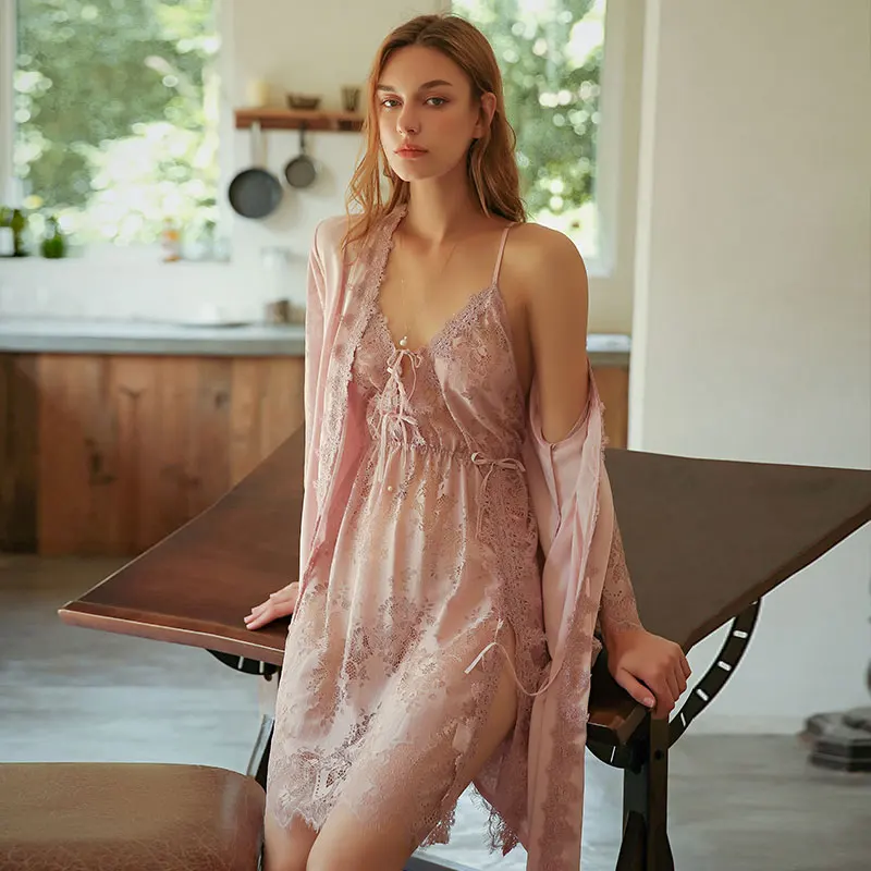 Ropa de dormir Sexy para mujer, conjunto de camisones transparentes de encaje, lencería de noche, albornoz con escote en V profundo, nuevo