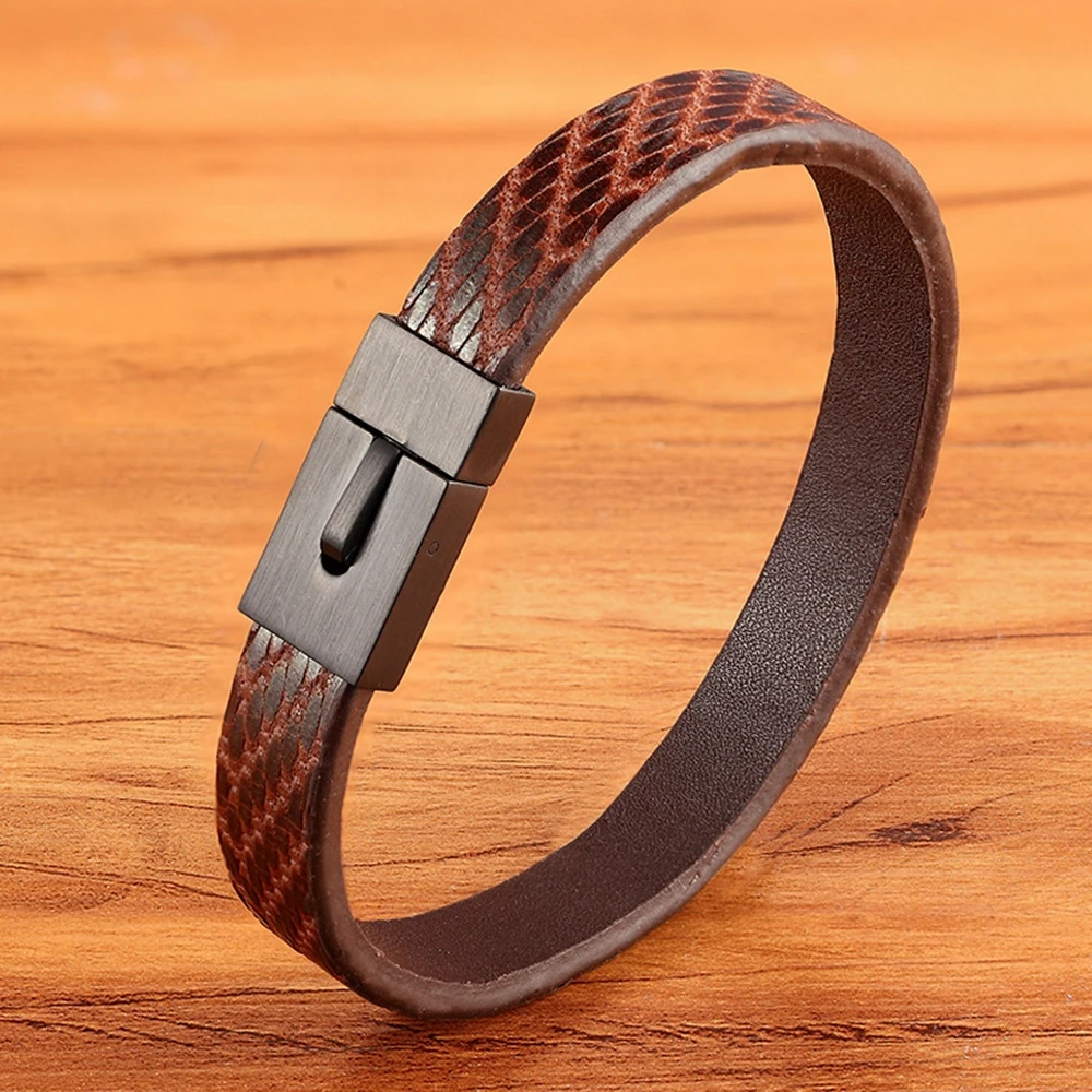 XQNI Classic Simple Style Leather Texture Stainless Steel Push Button Men\'s Leather Bracelet Handsome Boy Special Gift Discount