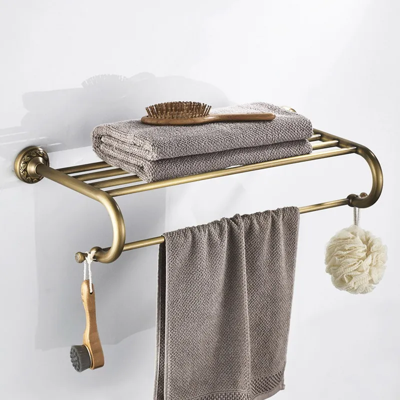 

Wall Mounted Antique Brass Bath Towel Rack Active Bathroom Towel Holder Double Towel Shelf Bathroom Accessories