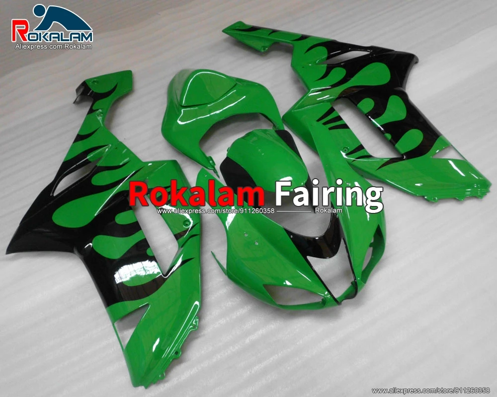 

Custom Fairing For Kawasaki ZX6R 2007 2008 ZX-6R ZX-636 07 08 Black Flame Green Motorbike Body Kit (Injection Molding)