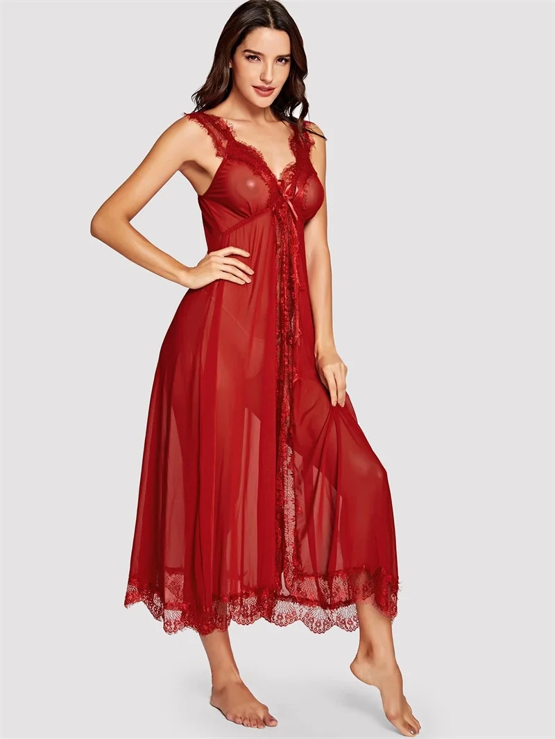 Sexy Sheer Wedding Sleepwear Sleevesless Lace Appliqued Split Strap Dress Ankle Length Customize Evening Gown