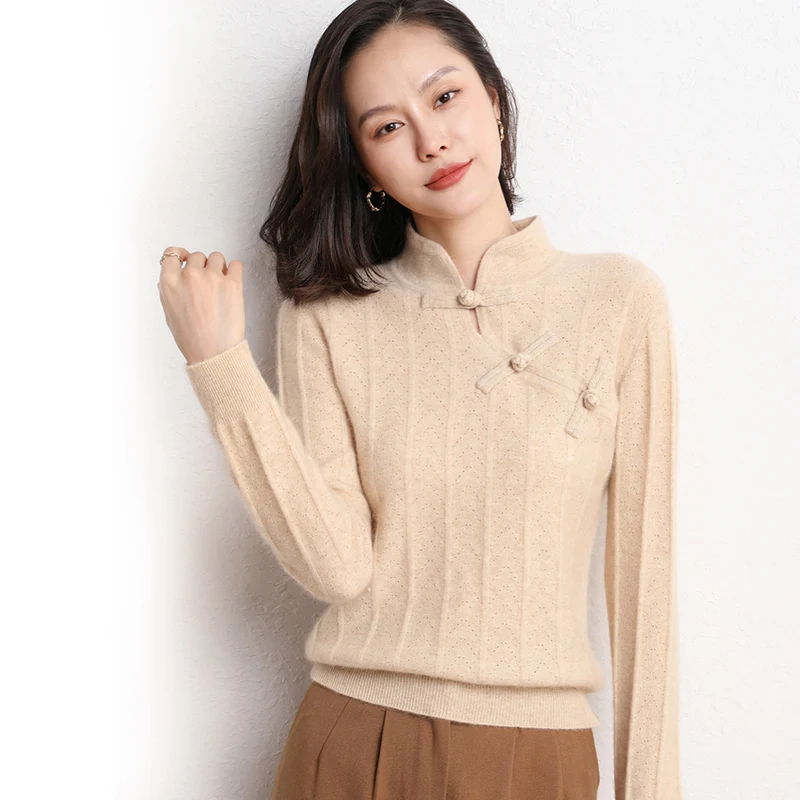 Autumn And Winter New Style Chinese Retro Cheongsam Collar Cashmere Female Disc Button Hollow Elegant Loose Chic Knitted Sweater