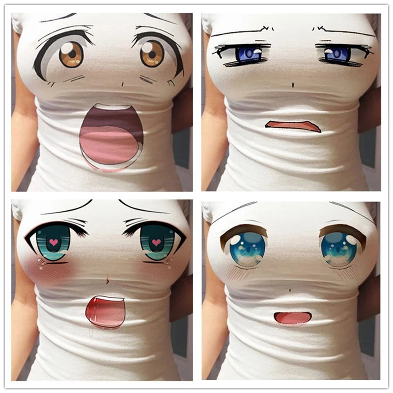 Women Funny 3D Eyes Printed T-shirt Sexy Anime Cartoon Cute Expression Straitjacket Short Sleeve T shirts Tops Ladies Slim Tees