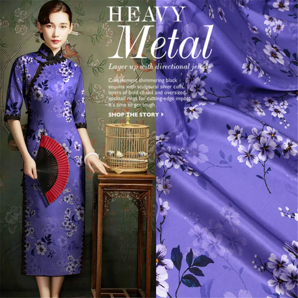 Tela satinada elástica de seda pura elegante y suave con estampado de flores violetas para mujer, encantador vestido Cheongsam, ropa interior